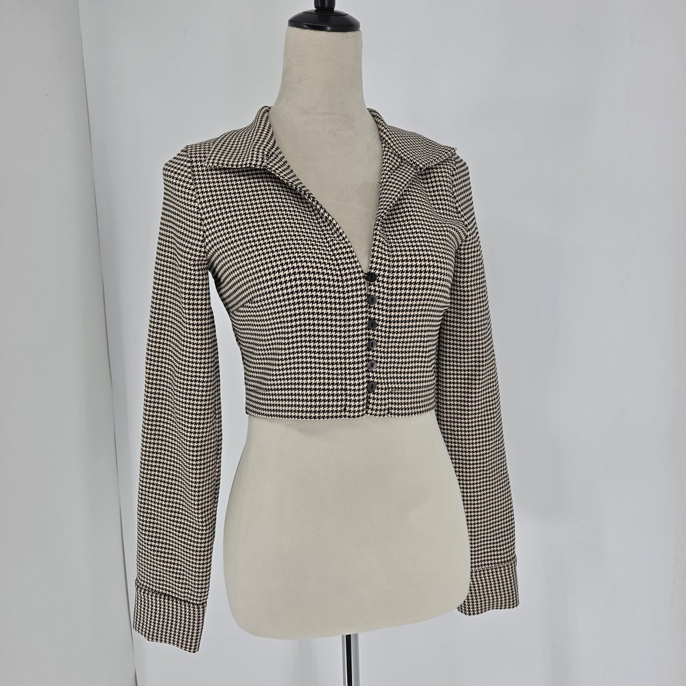 Zara Womens Houndstooth Cropped Jacket Blazer XS Preppy 90s Old Money Classic